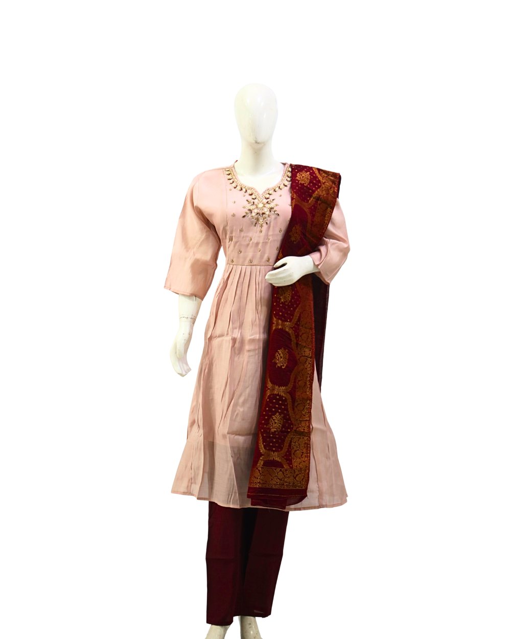 Blush Pink Embroidered Kurti Pant Set with Dupatta