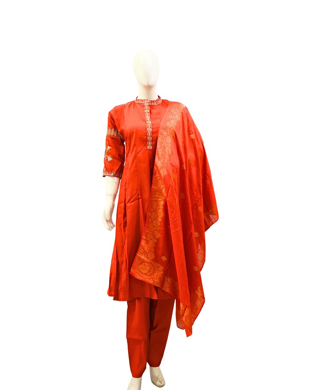 Red Embroidered Kurti Pant Set with Banarasi Dupatta(SS-120)