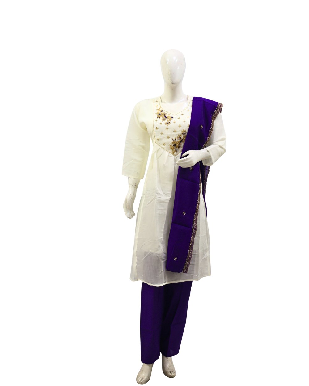 White Embroidered Kurti Pant Set with Dupatta