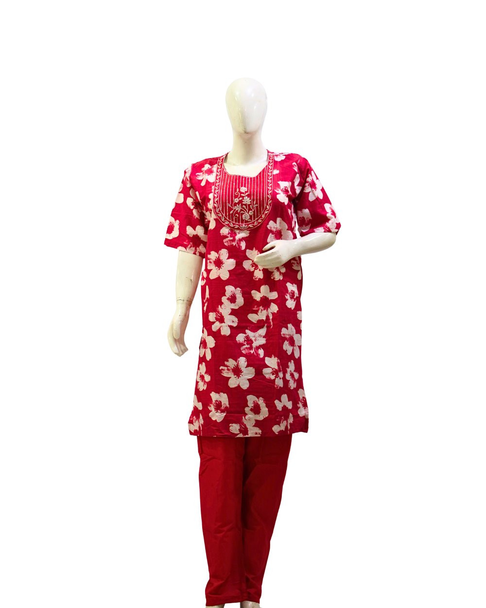 Red Floral Printed Cotton Kurti Pant Set