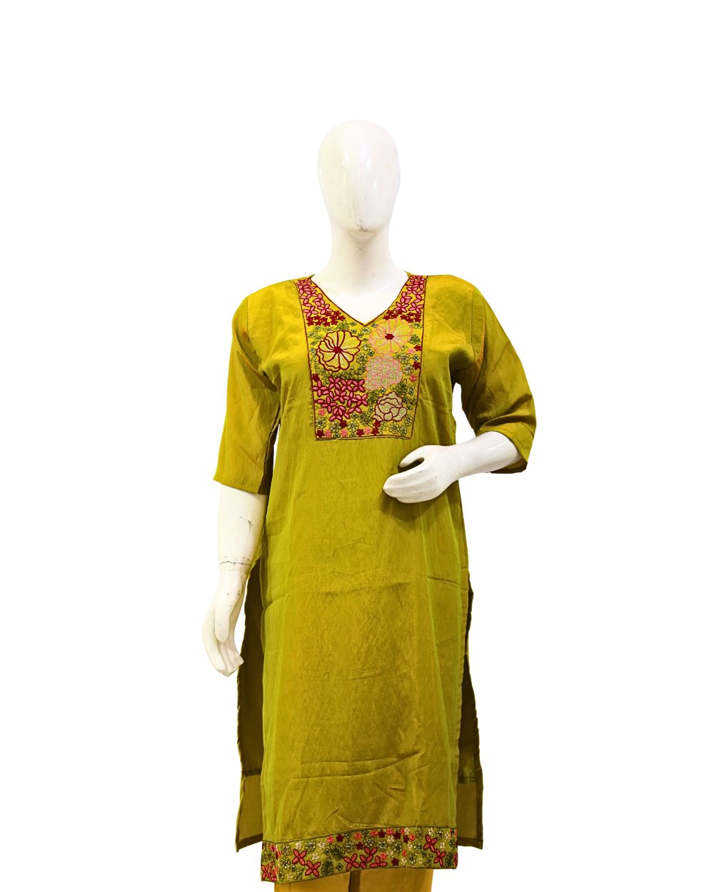 Olive Green Embroidered Cotton